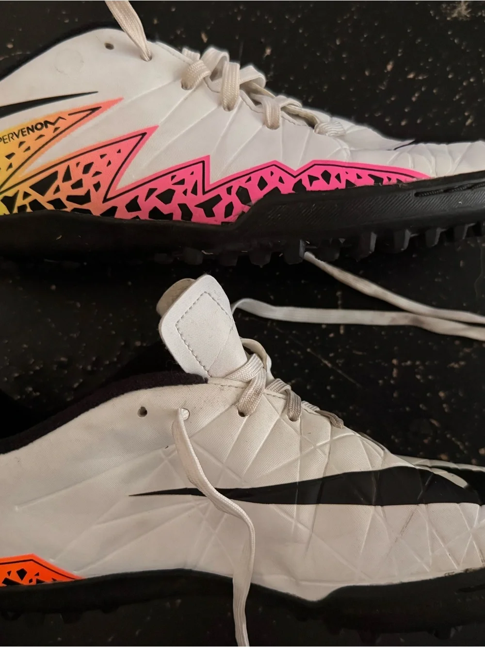 Nike White Indoor Soccer Cleats with Pink and Orange Graphic Accents